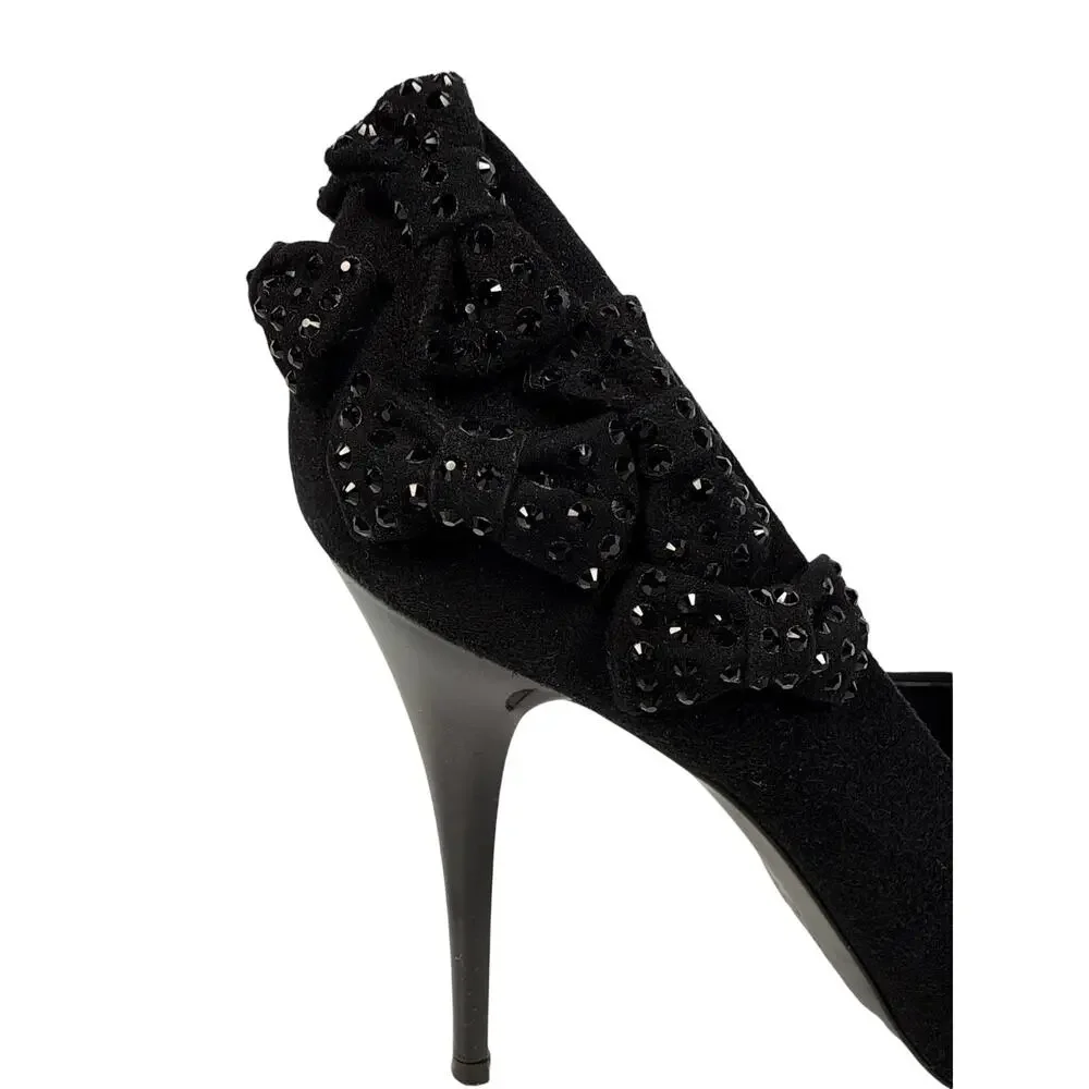 Giuseppe‎ Zanotti Black Suede Bow Embellished Peep Toe Stiletto Sandals 37 EU